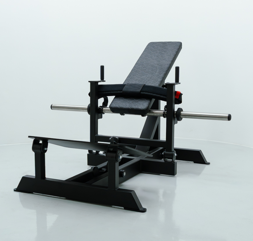 Black plate-loaded chest press bench